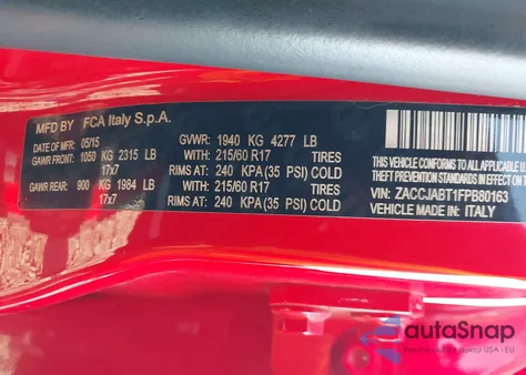 2015 Jeep Renegade Latitude from USA, damaged, VIN ZACCJABT1FPB80163